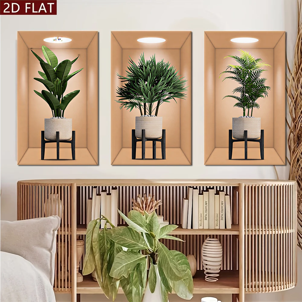 1 set of modern minimalist triple wall stickers, living room sofa background wall decoration, self-adhesive plant potted mural s