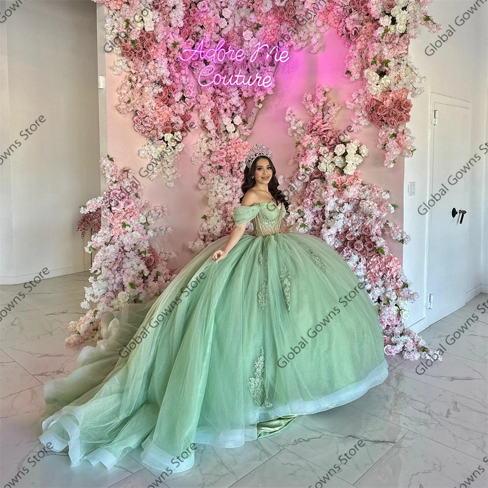 Green Off The Shoulder Ball Gown Quinceanera Dress Sparkly Beaded Birthday Party Gowns Appliques Prom Dresses Sweet 16 15 Robe