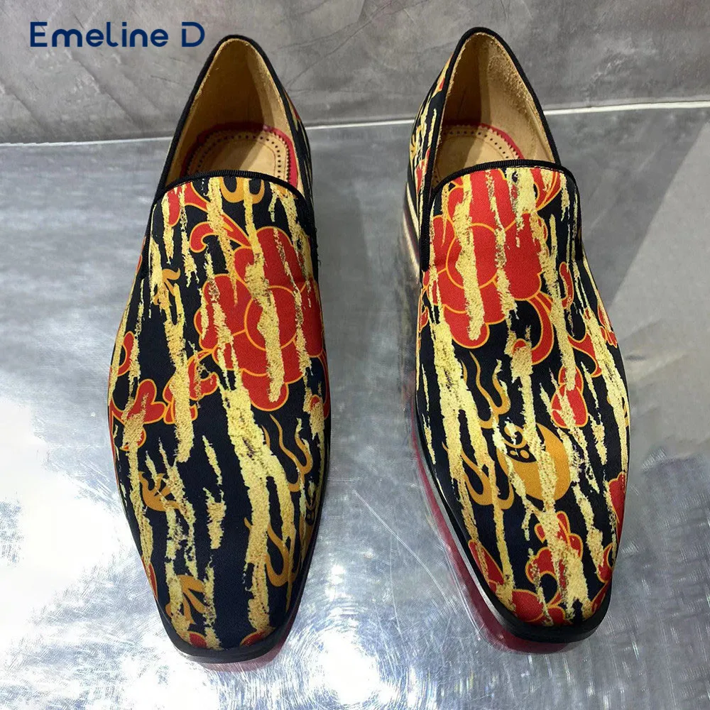 Colorful Patterned Rubbed Loafers Metal Square Heel Slip-On Casual Shoes Large Size Personalized Business Formal Men's Shoes