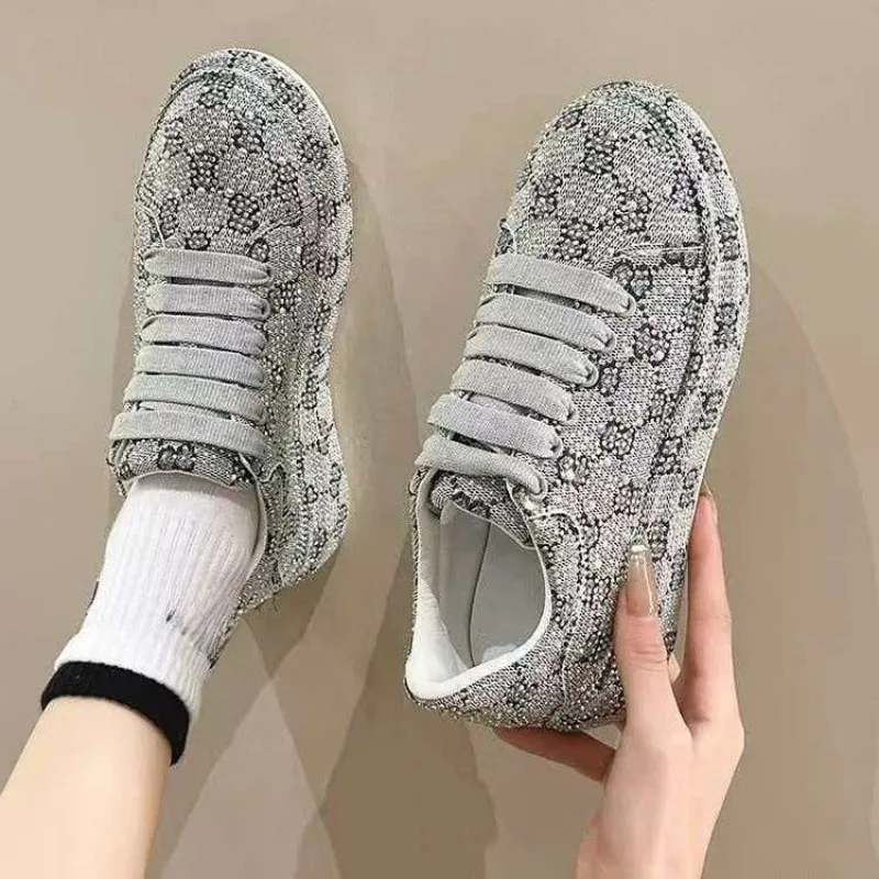 

Женские повседневные кроссовки на платформе со стразами, весна-осень 2026, новинка, на шнуровке