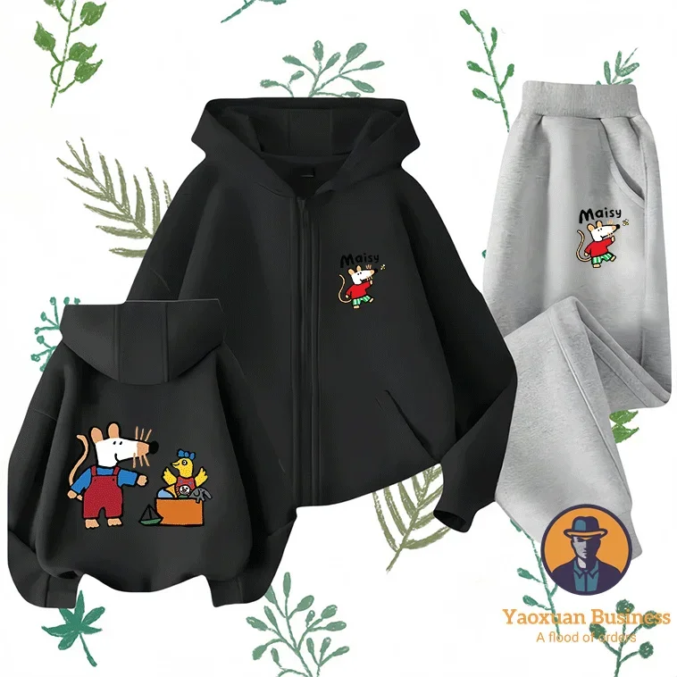 

Chic Maisy Mouse Little Boys Kids Zip Up Hoodie Set Cute Printed Cartoon Windproof Warm Autumn Winter Fashion