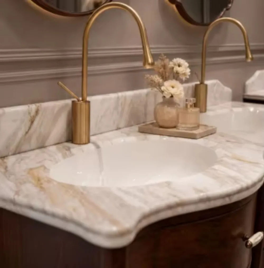 American Style High End Custom Modern Water Resistant Hotel Bathroom Vanity Set Wash Basin Cabinet with Marble Countertop
