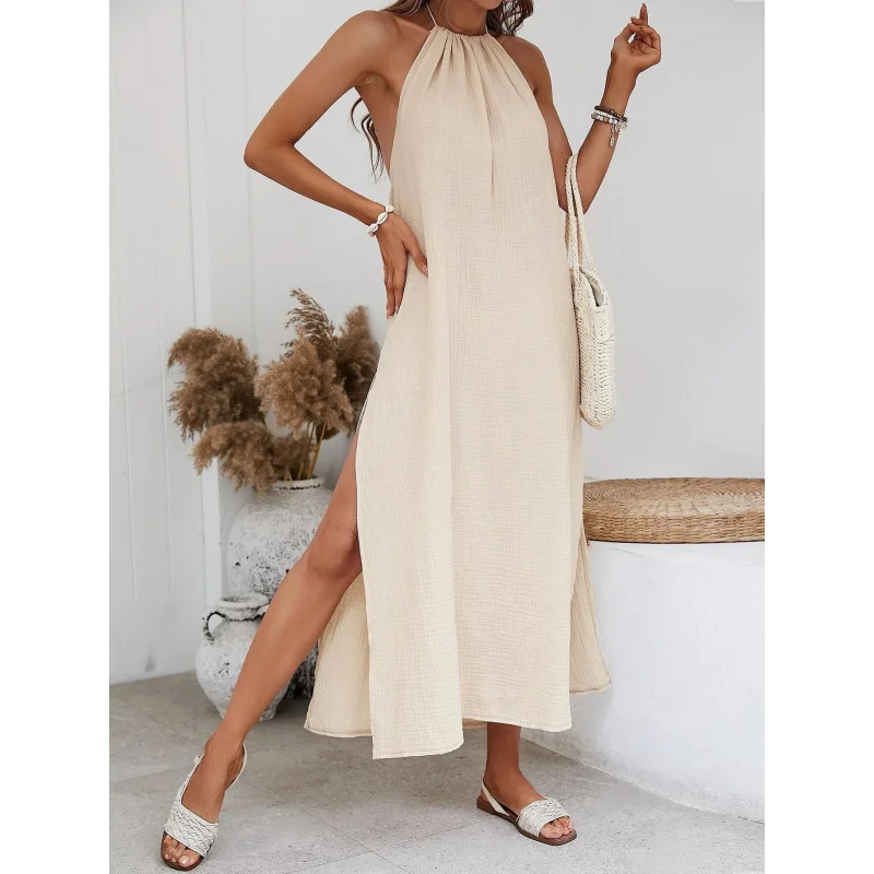 100% Cotton Gauze Womens Dresses Sexy Halter Sleeveless Backless Bandage Tie Up Holiday faddish Boho Dress