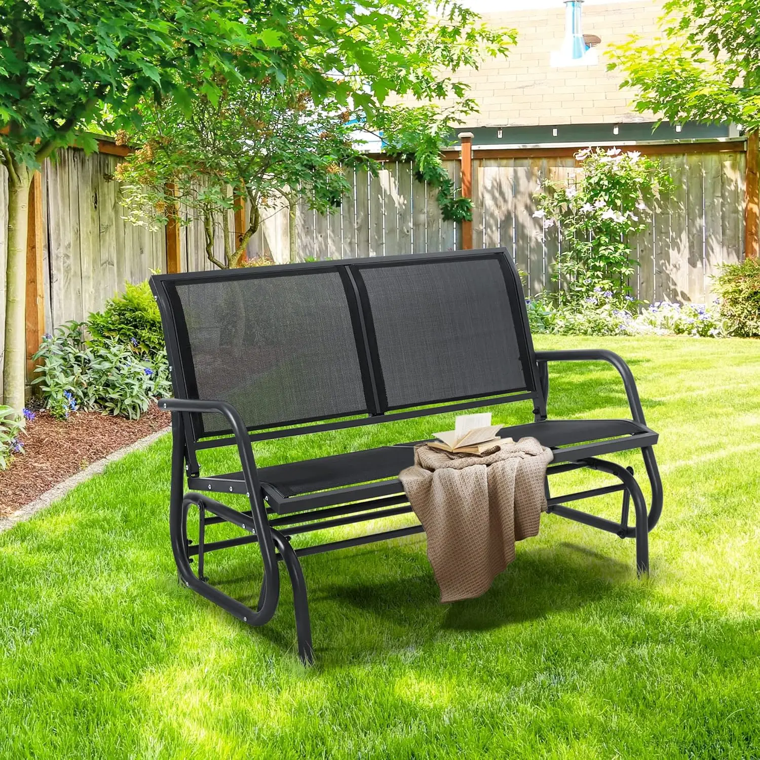 new Patio Outdoor Glider Bench, Outside Rocking Swing Chair, High Backrest and Breathable Mesh Fabric, Yard Porch Loveseat