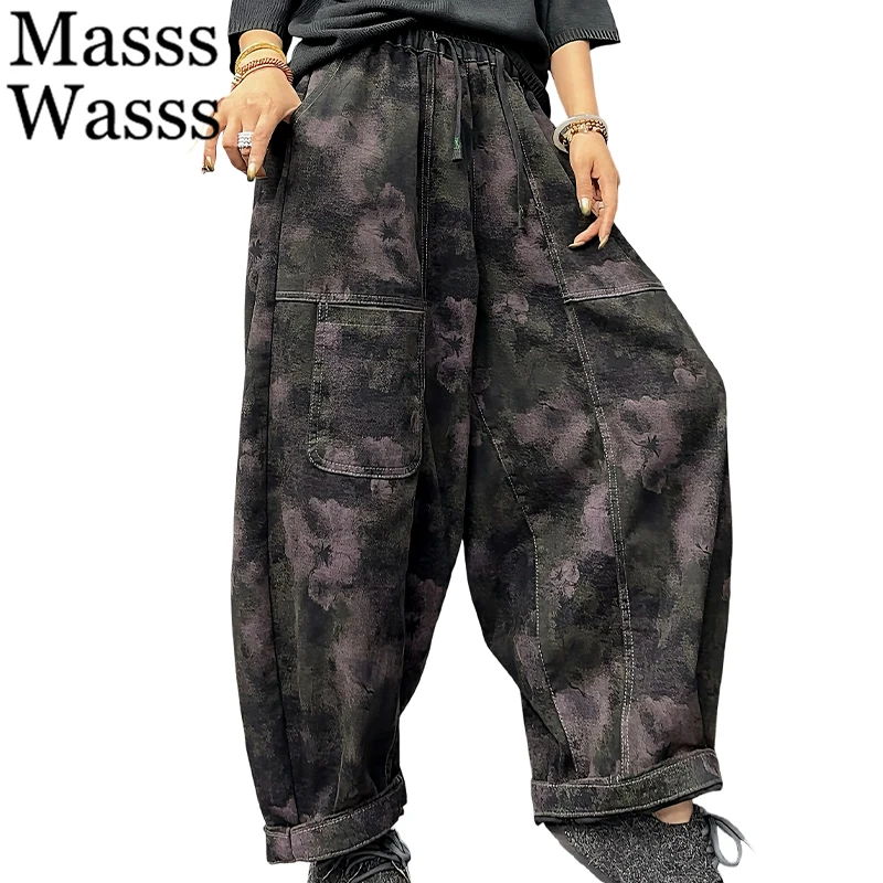

Mass Wasss Европейская мода Свободные джинсы Женские классические винтажные джинсовые брюки с принтом для отдыха Женские брюки в стиле панк с эластичной резинкой на талии