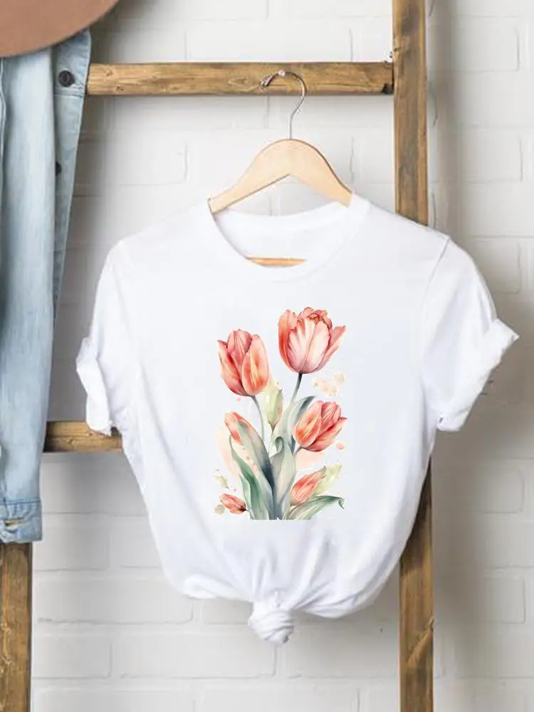 Watercolor Style Flower Floral Trend Women Clothes Graphic Fashion Print T-shirt Short Sleeve Lady Female Shirt Tee