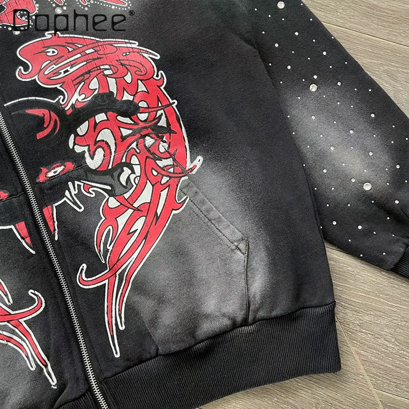 American Retro Printed Washed Casual Zipper Hoodie and Pants Sets Autumn New Trendy Personality Handsome Sports Suit for Men