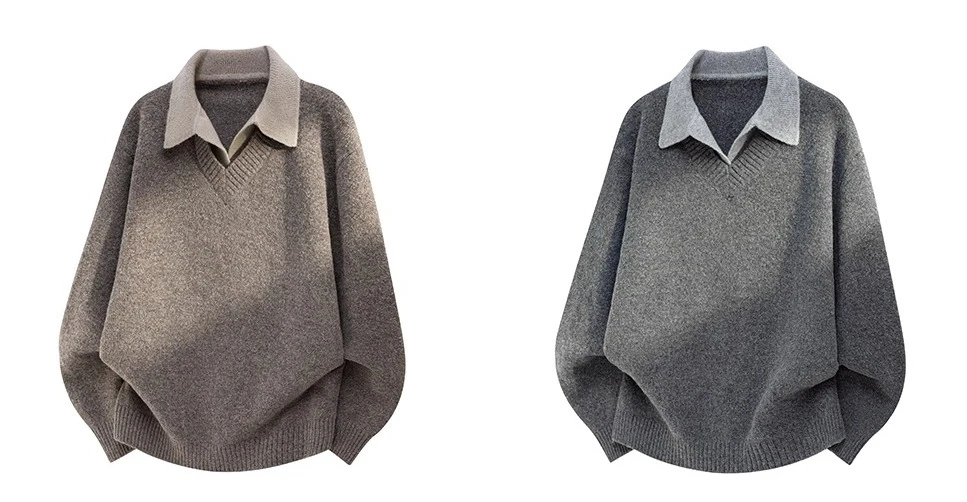 Japanese Style Simple Turn-Down Collar Gray Fake Two-Piece Sweater for Men Autumn Winter New Casual Versatile Brown Knitwear