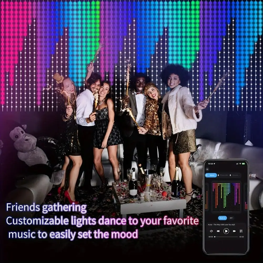 APP Controlled Fairy String Lights Music Sync IP67 Waterproof LED Curtain Lights USB Powered RGB Color Changing RGB Pixel Lights