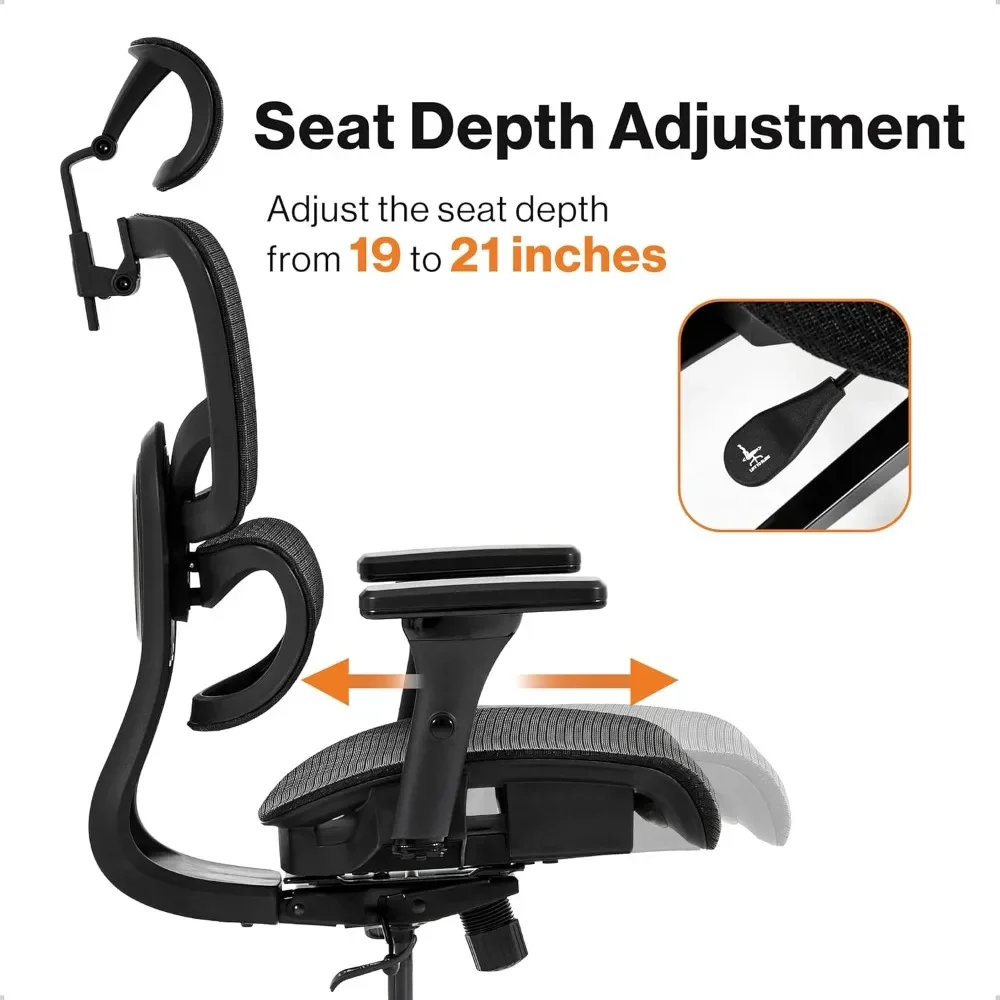 Ergonomic Office Chair - Height Adjustable Backrest Lumbar Support, Seat Depth Adjust, 3D Headrest, 4D Armrests, Blade Wheels