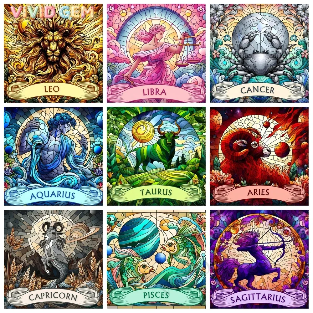 VIVID GEM DIY 5D Diamond Painting Constellation Embroidery Cartoon Animal Full Round Drill Mosaic Leo Aries Wall Decor