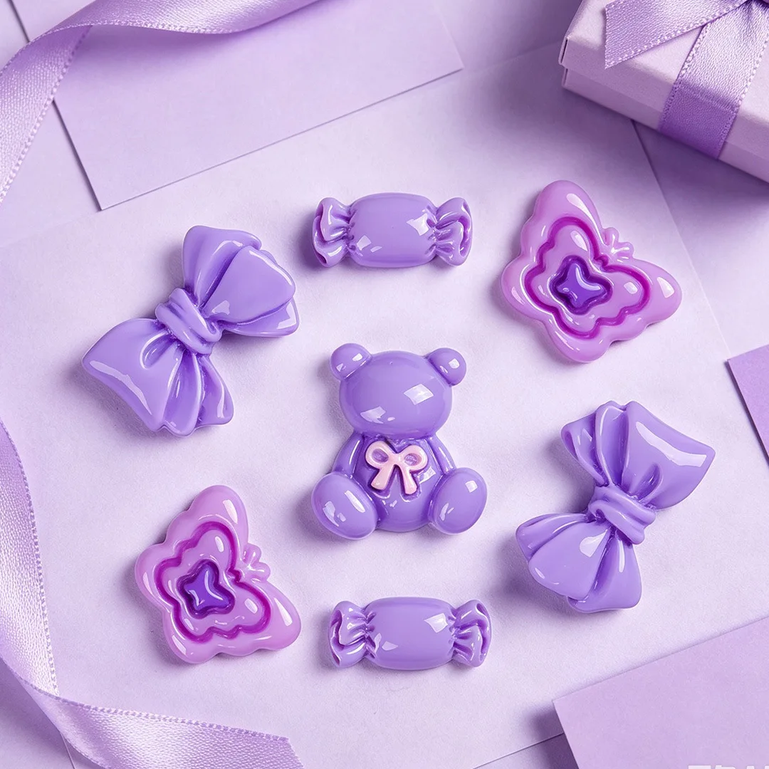 100pcs Cute Purple Bear Candy Butterfly Bowknot Resin Flatback Cabochon DIY for Phone Case Hairpin Keychain Earrings Scrapbook
