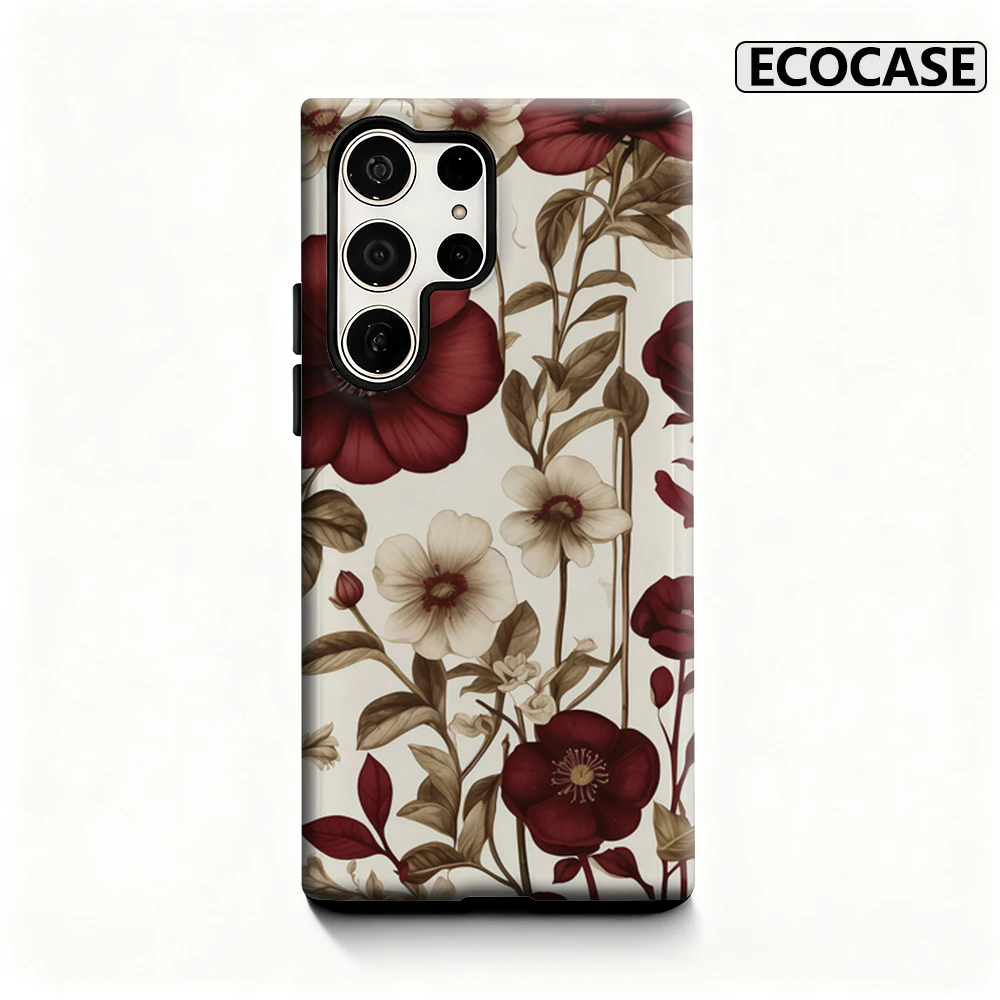 Burgunderrote florale Eleganz-Handyhülle für Samsung Galaxy S25 Ultra S24 S23 Ultra Plus, glänzende doppellagige Rückseite