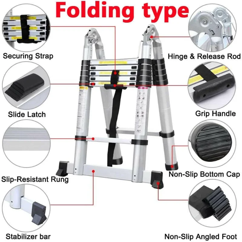 Aluminum Telescopic Extension Ladder 8.2FT A-Frame 2-in-1,Portable Multi-Purpose Folding with Balance Rod,8+8 Steps Adjustable