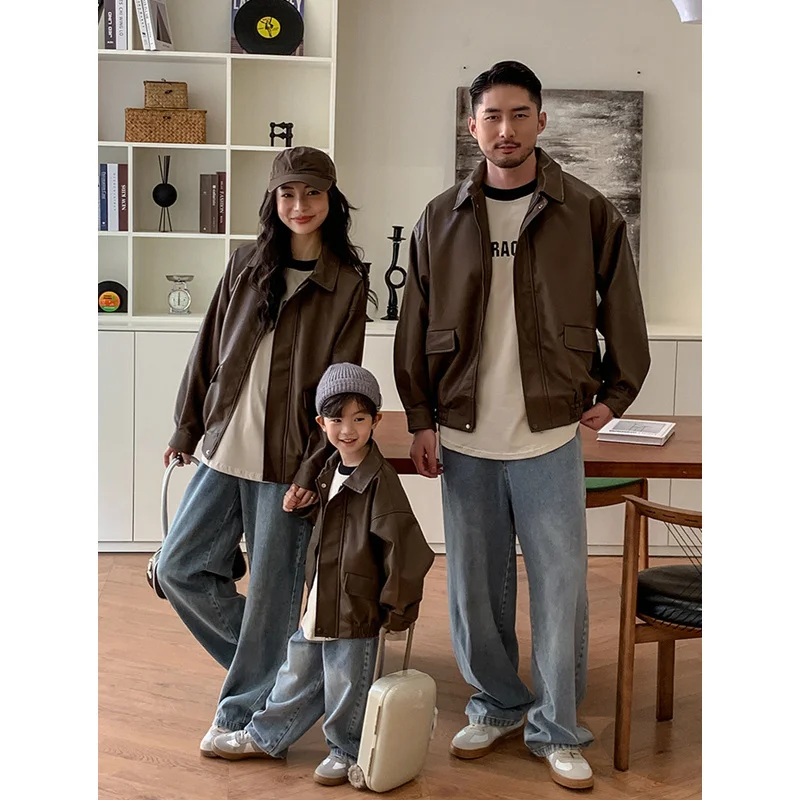 2024 New Family Clothes Autumn Winter Fashion Korean Mother Father Children Matching Pu Leather Jacket Mom Dad Son Daughter Sets