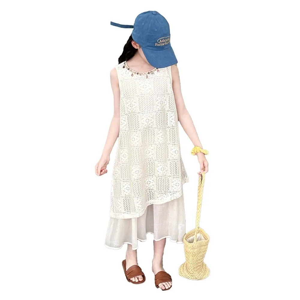 

Round Neck Kids Bohemian Shell Dress Princess Hollow Children Beach Long Skirt Long Casual Girls Patchwork Dress Seaside