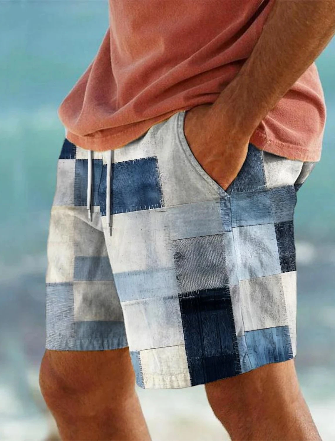 Men\'s Surf Shorts Drawstring Swim Trunks Elasticated Waistband Colourful Patchwork Quick Dry Shorts Hawaii Casual Micro Stretch