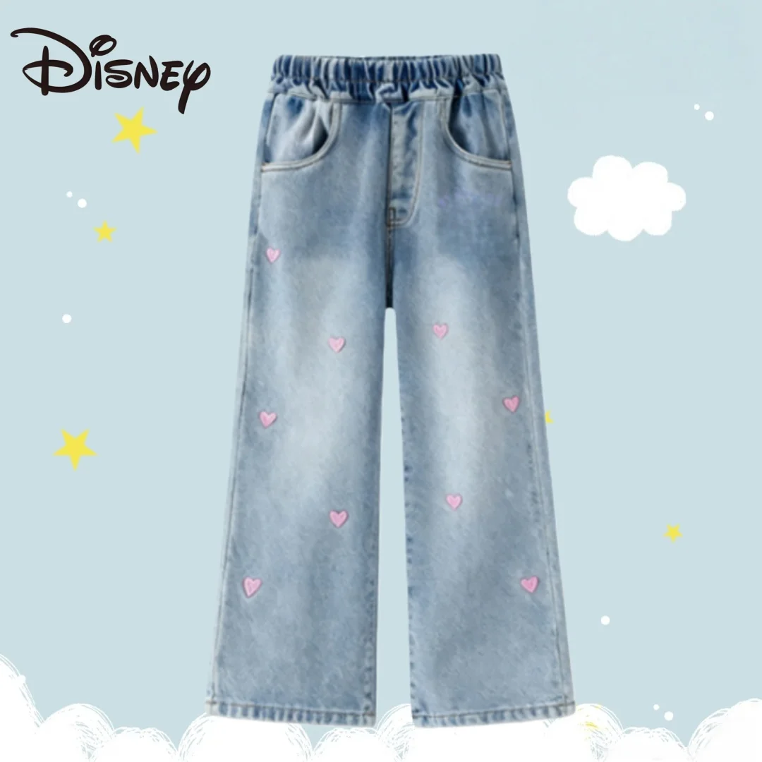 

Disney Kids Cute Trendy Heart Embroidered Jeans Plush Fleece Liner Warm-keeping Trousers Girls Autumn Winter Lovely Denim Pants