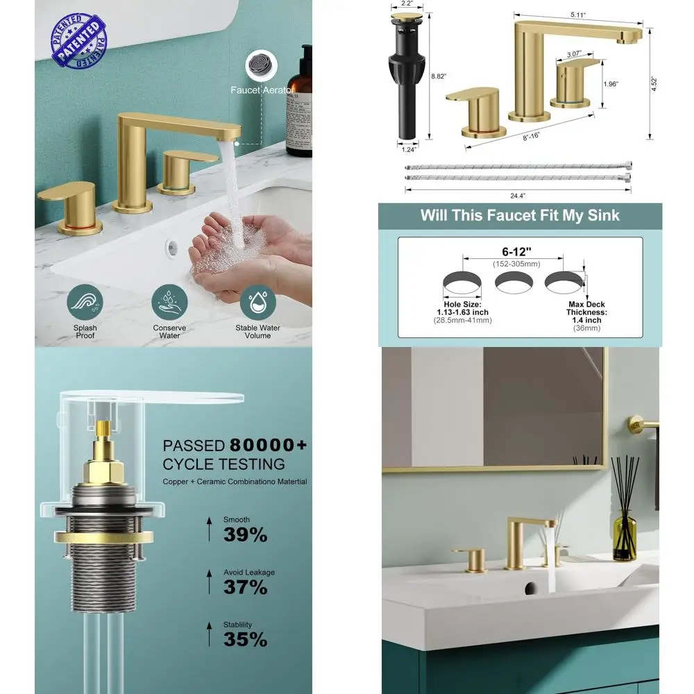 

3-Hole 8 Wide Gold Bathroom Faucet with Swivel Spout, 2-Handle for Vanity Sink, Includes Pop-Up Drain and Supply Lines