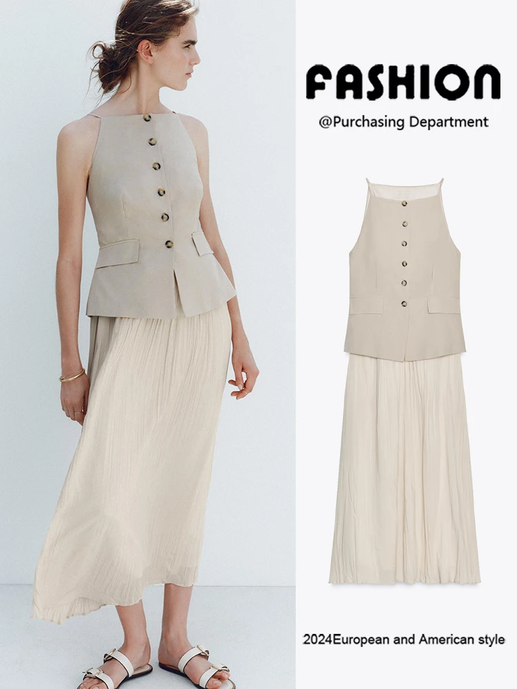 

Summer New Arrival Women's Midi Vest Dr Single Button Pleated Skirt New Faion Ethnic Women's Clothing Stage Costume