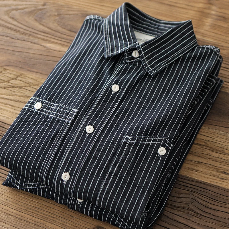 11.5oz Vintage Casual Amekaji Vertical Striped Denim Shirts for men 100% Cotton Spring Autumn Workwear Top Y2k Male High Quality