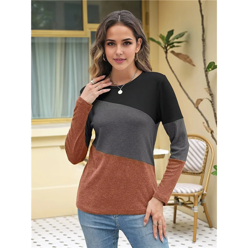 ABP-Tops de bloques de color para mujer, camisas informales de manga larga con cuello redondo y túnica