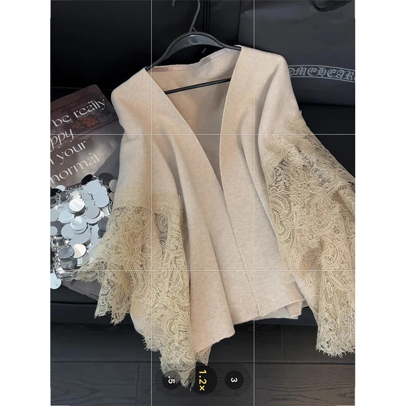 

MEXZT Vintage Knitted Cardigan Women Elegant Lace Patchwork Sweater Outerwears Korean Capes Winter Knitwears Ladies Jumpers New