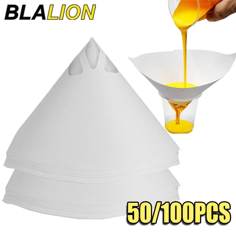 BLALION 50/100 Stück Einweg-Farbtrichter-Filterpapier, Autolack-Spray, Netzpapier, Filter, Trichter, Sieb, konisches Siebwerkzeug