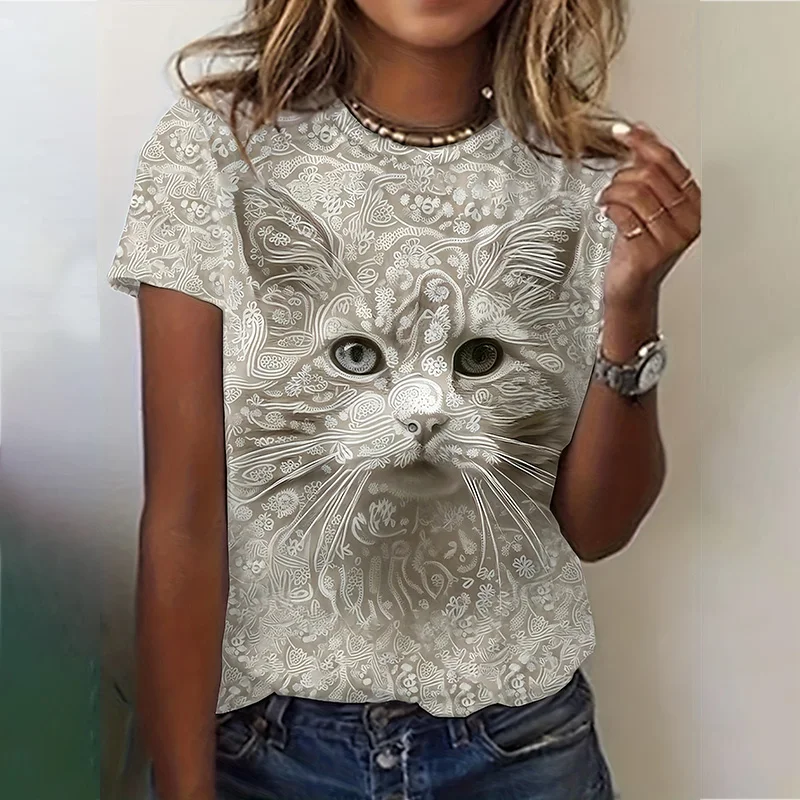 2024 New Women's Crew Neck Short Sleeve T-shirt Printed 3D Cute Kitten Summer Casual Breathable Refreshing Top Short Sleeve