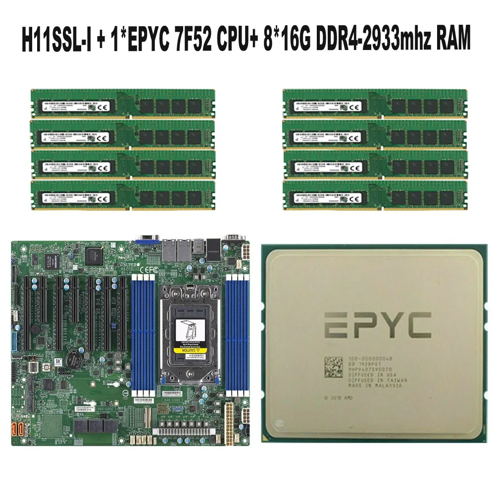 

Для Supermicro Φ материнская плата Socket SP3 + 1 * EPYC 7F52 16C/32T CPU Процессор + 8*16GB = 128GB RAM H11SSL-I RECC память