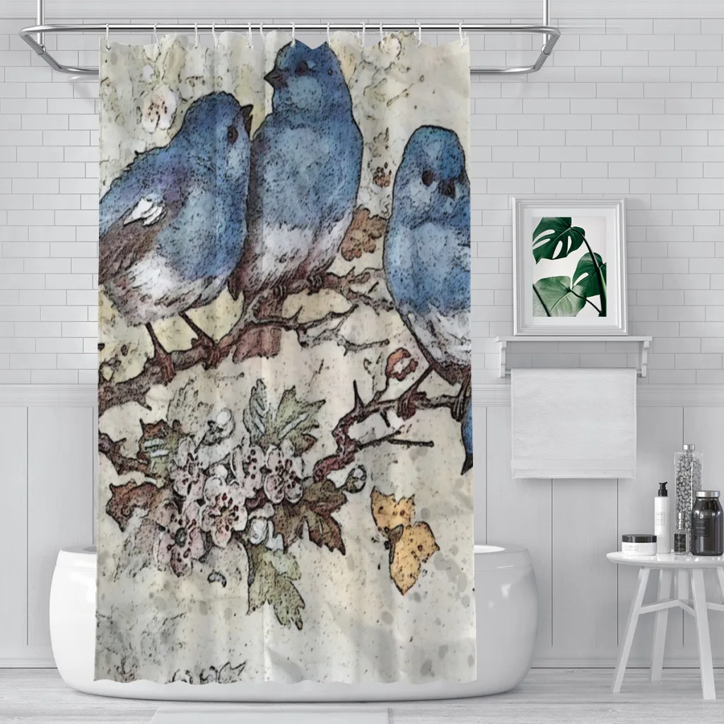 Blue Birds Blossom Flowers Bathroom Shower Curtains Pet Lover Waterproof Partition Unique Home Decor Bathroom Accessories