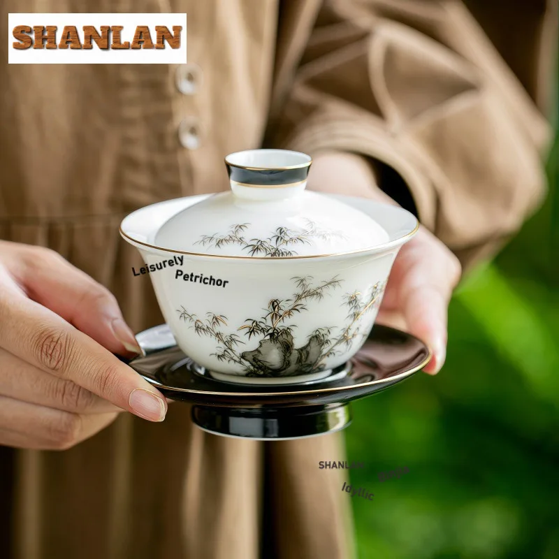 Stone Bamboo Mutton Fat Jade Porcelain Gaiwan Boutique Tea Tureen Tea Bowl With Lid Kit Tea Maker Cover Bowl Chinese Tea Set