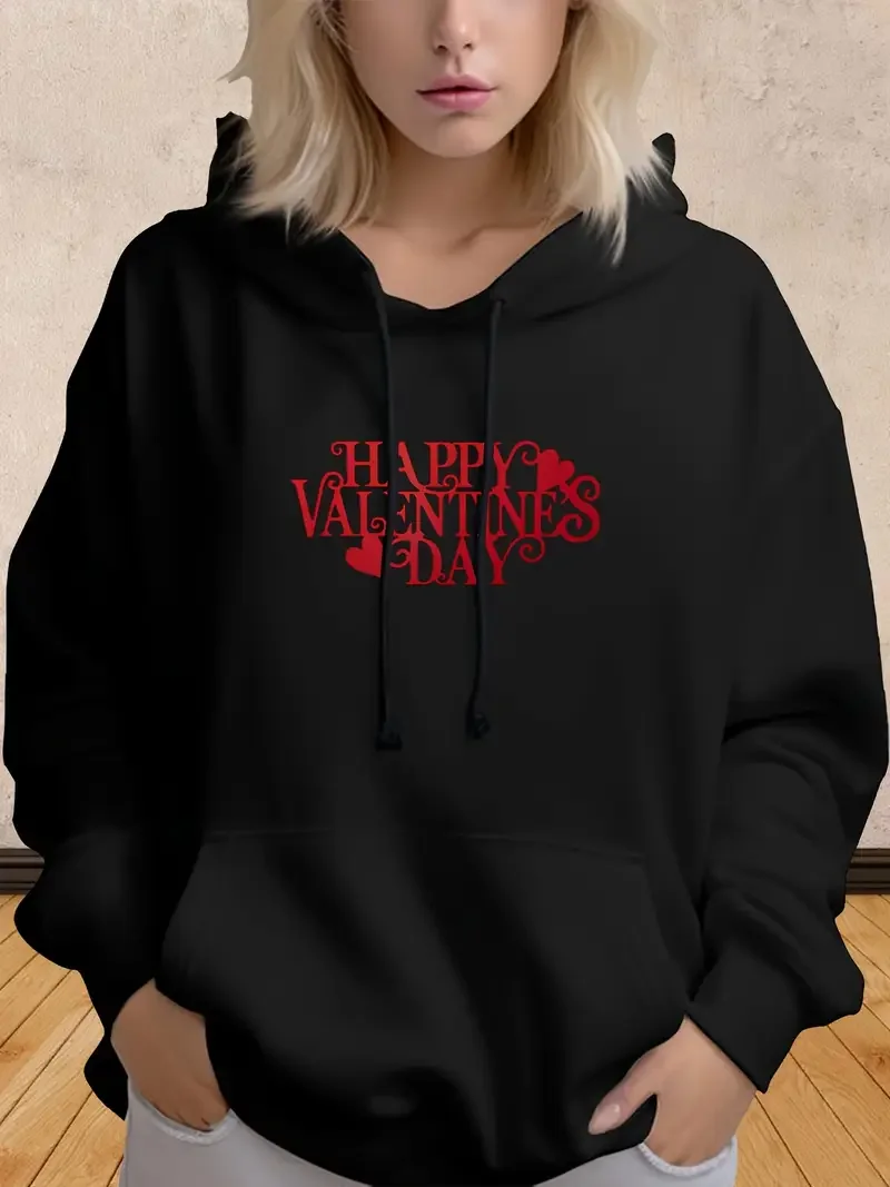 

Women's Happy Valentine's Day Hoodie Casual Black Long Sleeve Sweatshirt With Red Heart Print Drawstring Hood Kangaroo Pocket