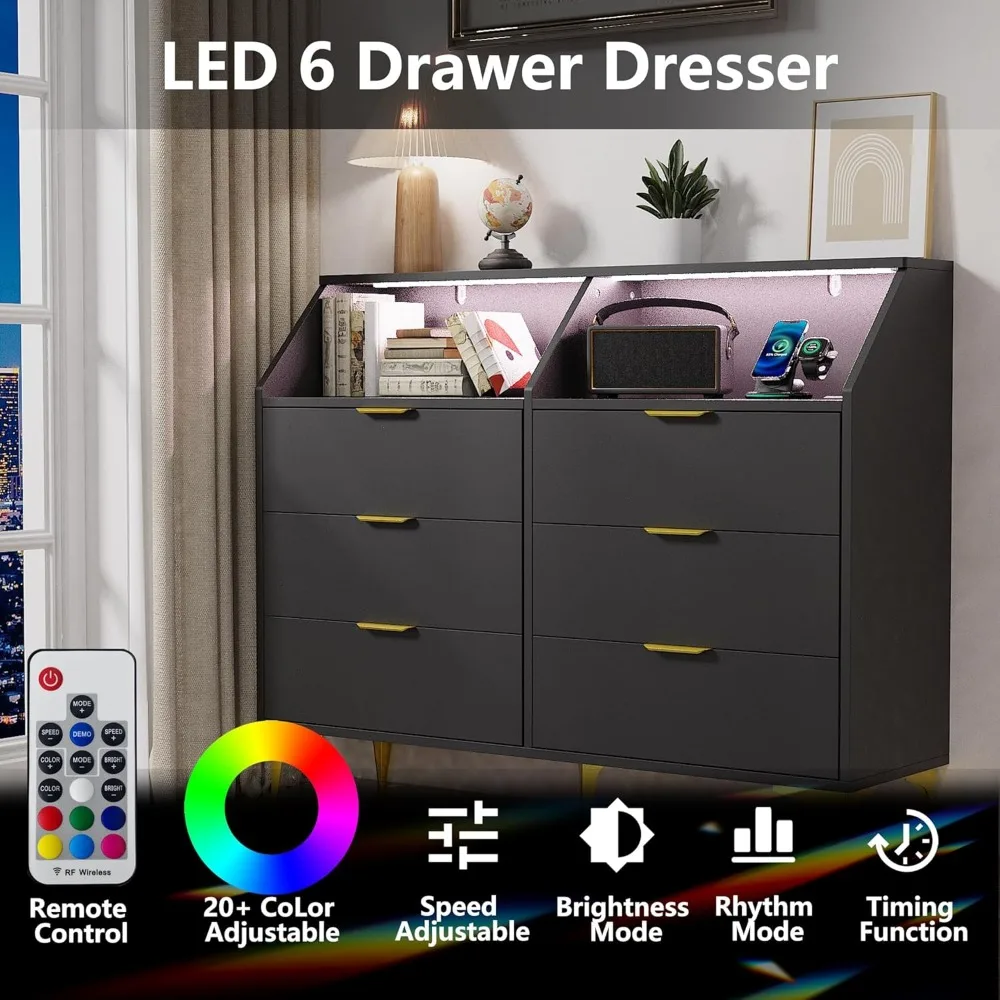 cômoda iluminada de 6 gavetas com estação de carregamento para quarto
