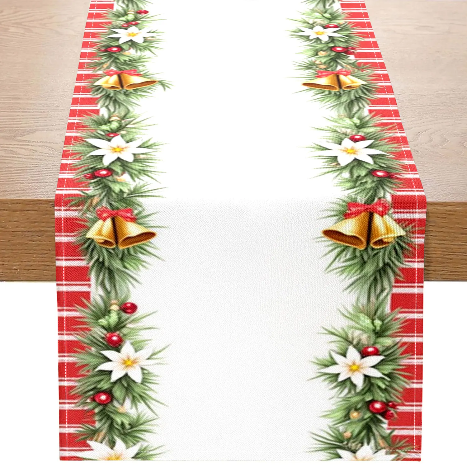 1 Piece of Christmas-Themed Table Runner, Decorated with Pine Branches, Bells, White Flowers, Etc., Suitable for Christmas Parties, Holiday Decorations, Etc