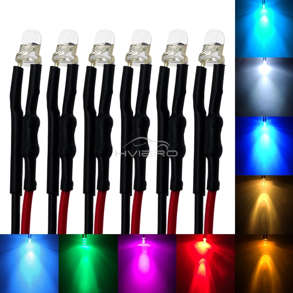 5/10/20X 3mm Round LED 5-12V 20cm Pre Wired White  Blue Yellow Diode Lamp DIY Billboard Decoration Light Emitting Diodes Bulb