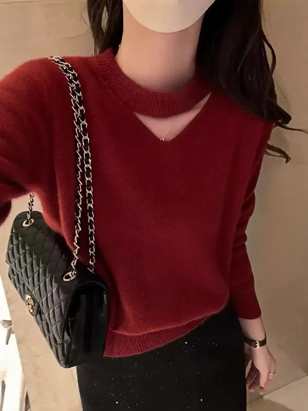 

Korean Style Loose V-Neck Knitted Base Shirt Women's Early Spring Unique Beautiful Red Hollow out Soft Long Sleeve Top