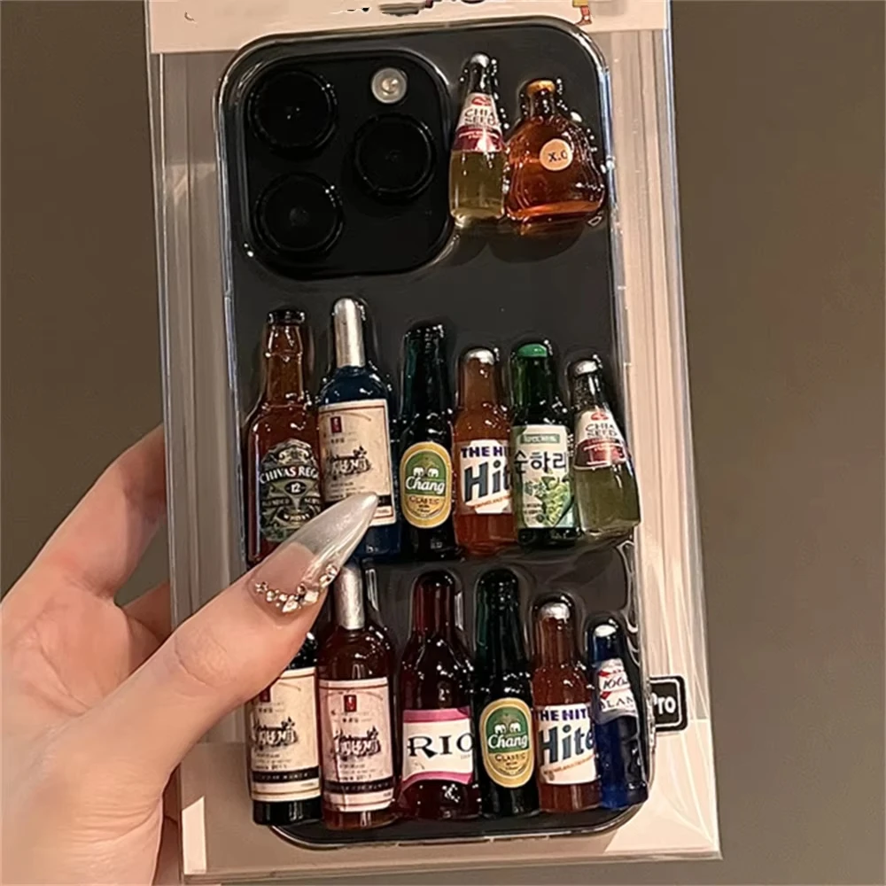 Funny Creative Wine Liquor Bottle Clear phone Case For Iphone16 15 14 13 12 11 Pro Max Plus Glitter 3D Epoxy INS Anti-drop Cover