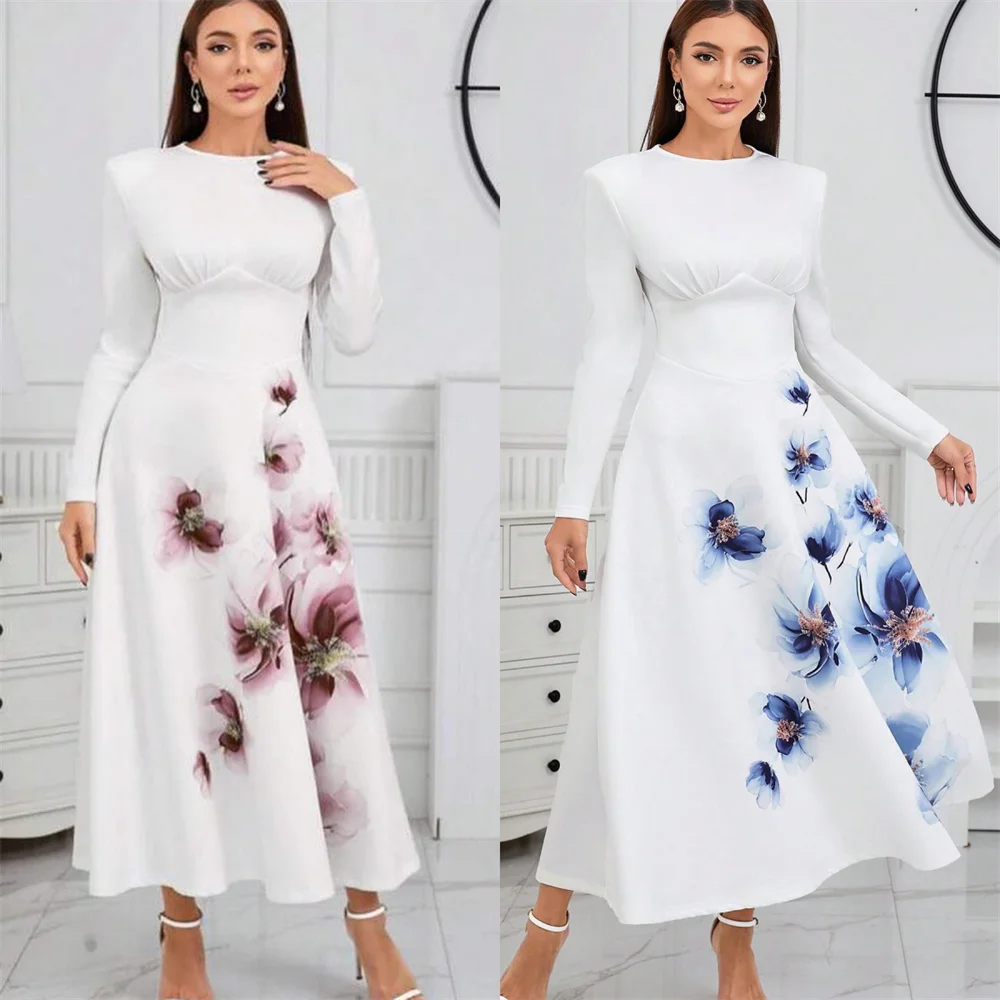 

Customized Formal Dress Prom Dearin Scoop Neckline A-line Ankle Length Skirts Draped Print Bespoke Occasion Dresses Saudi Arabia