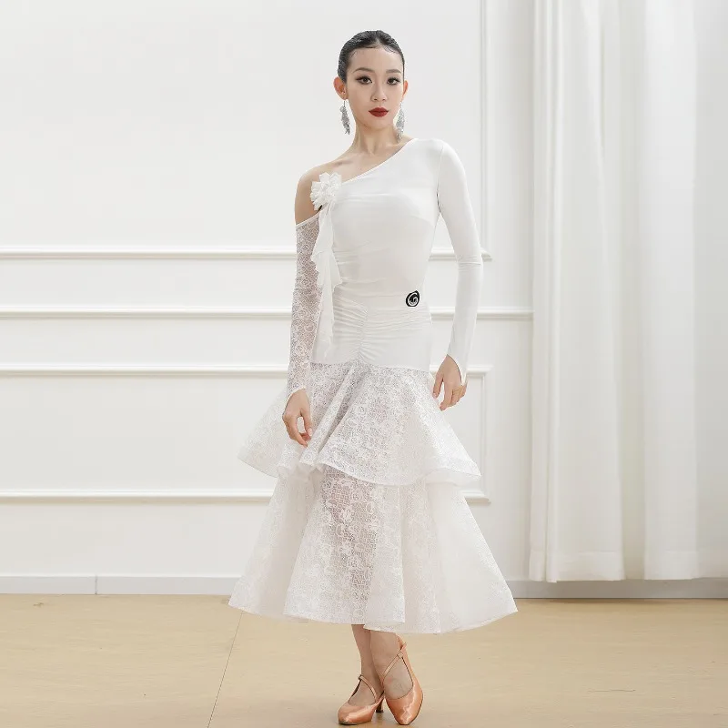 Customized Balloom Dance Standard Modern Dance Dress Female Slant Shoulder Split Lace Double Layered Fishbone Skirt Performance