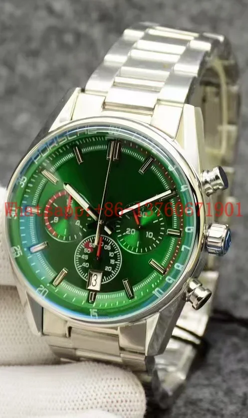 ใหม่หรูหรา Mens QUARTZ Chronograph นาฬิกาสีดําสีเขียวสีฟ้าหนังนาฬิกาจับเวลาสแตนเลส Luminous Sapphire 42 มม