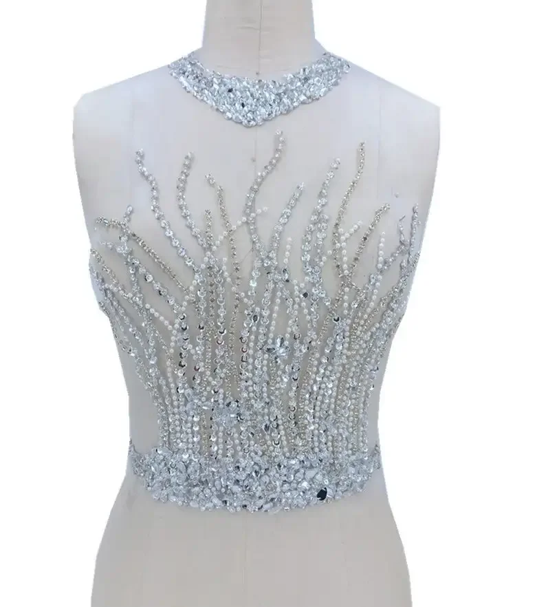 Sparkle Bridal Rhinestone Bodice Applique With Sequins In Gold/Silver O-neck Dress Supplies Sell By 1 Piece 30*44cm