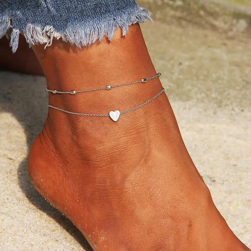 Women Ankle bracelet silver Color Anklets Simple Heart Barefoot Crochet Sandals Foot Jewelry Two Layer Foot Leg Bracelet Anklets