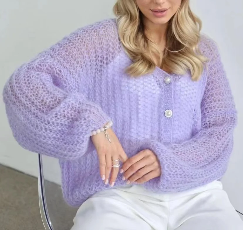 New women's loose and lazy mohair soft and comfortable handmade violet warm and soft cardigan sweater single breasted top