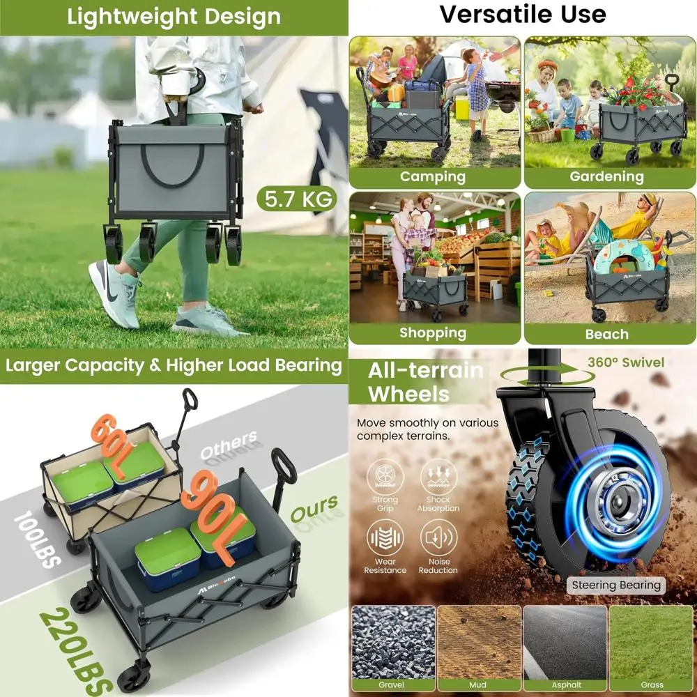 

Foldable Utility Wagon, 220 lbs Capacity, Flexible Handle, Lightweight for Grocery, Sports, Garden, Camping - Gray