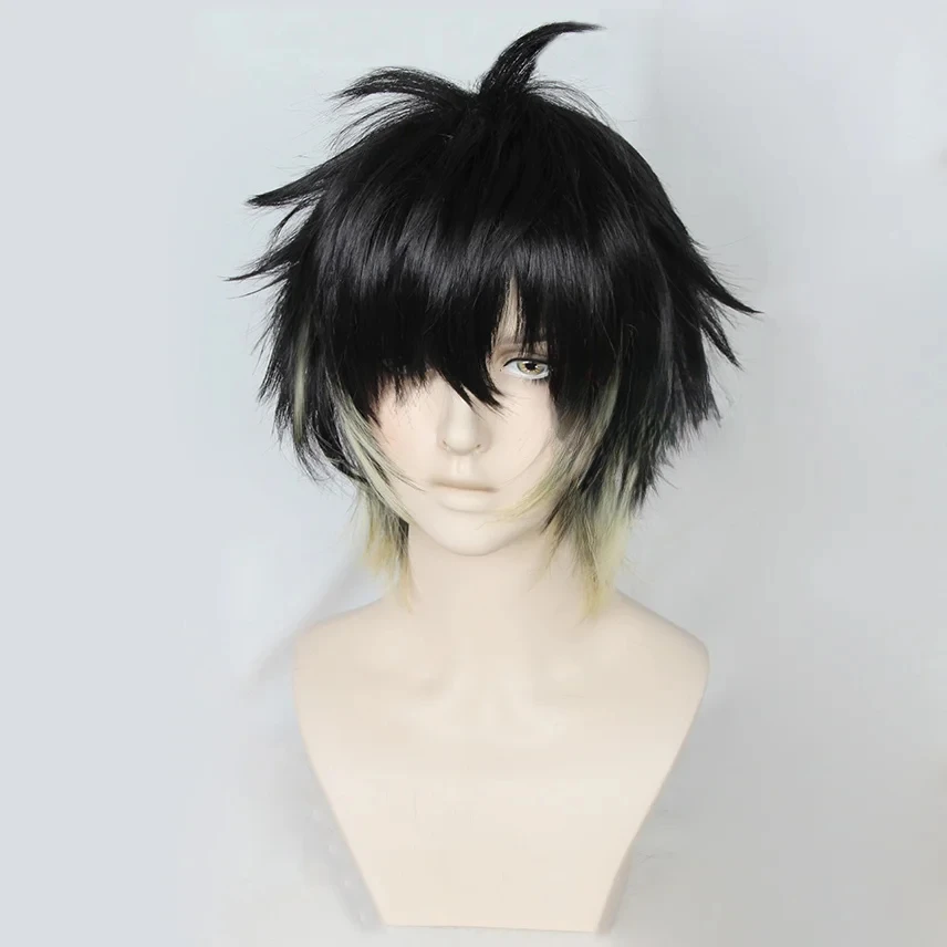 أنيمي تووا شعر مستعار تأثيري الكبار للجنسين قصيرة أسود أصفر مقاومة للحرارة الاصطناعية خصلات الشعر المستعار هالوين زي حفلة الملحقات