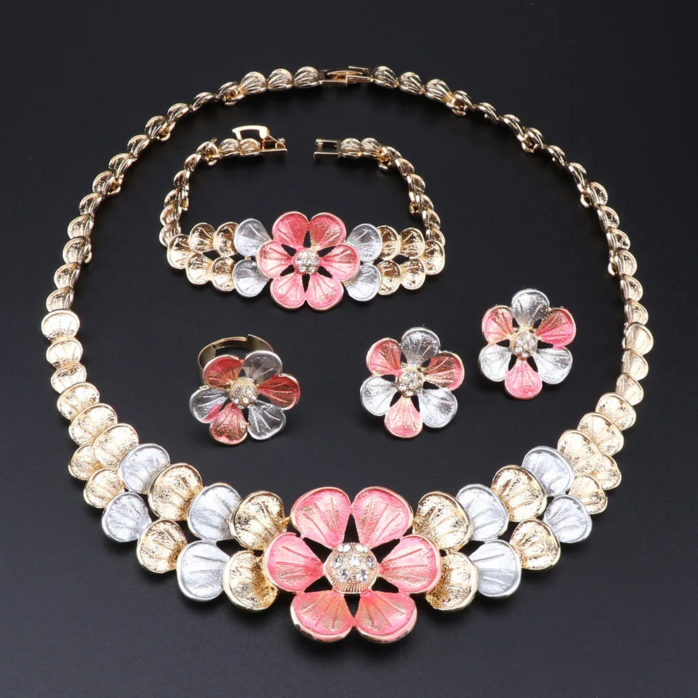 Fashion Jewelry Sets Nigeria Dubai Gold Color Necklace Earring Set for Women Africa Bead Bridal Flower Jewelry Set Wedding Gifts