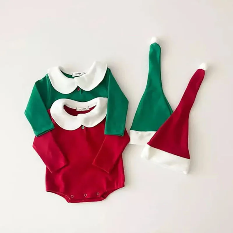 Baby Boy Fleece Christmas Bodysuit Cap Infant Clothes Toddler Girl Sweet Peter Pan Collar Warm Jumpsuit Cute Pom Poms Leggings