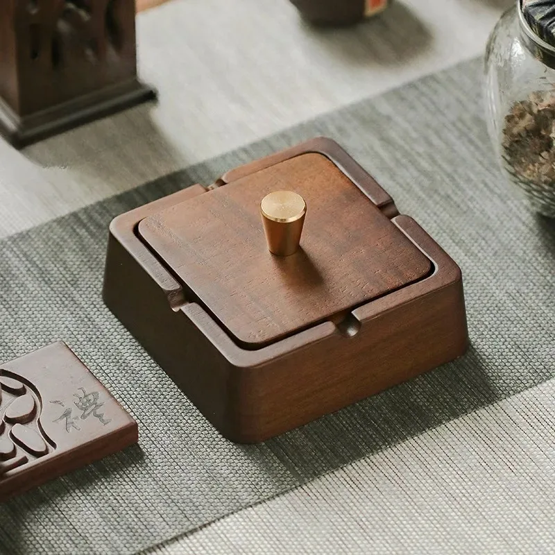 

New Chinese Style Solid Wood Ashtray with Lid Stainless Steel Inner Liner Ash Trays for Office Living Room Home Decoration