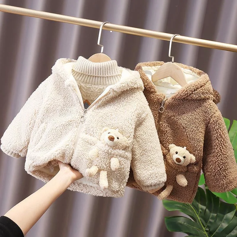 1 2 3 4 5 6 Years Baby Boy Jacket Winter Thicken Warm Hooded Children\'s Outerwear Cute Bear Plush Coats For Toddler Girl Clothes